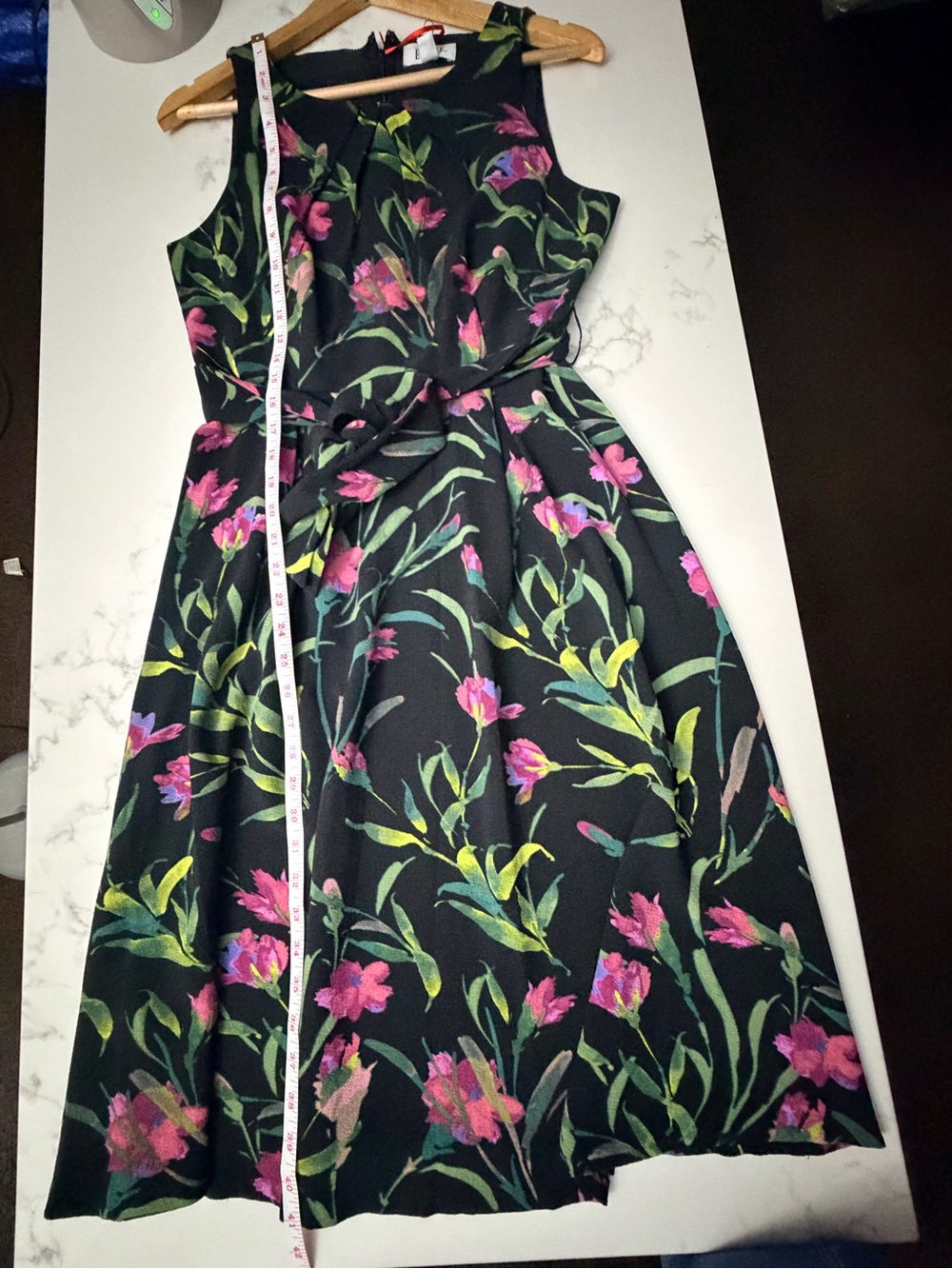 Elle Black Floral Tie-Waist Midi Dress with Pink & Green Print - Picture 7 of 12